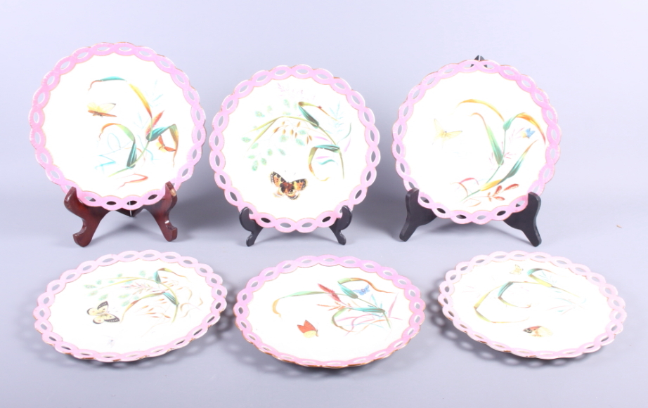 A set of six butterfly decorated ribbon edge plates, 7 1/2" dia, and a number of other decorative