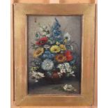 A 19th century oil on canvas faced board, still life of summer flowers, 6 1/4" x 9 1/2", in gilt