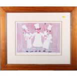 Lisbeth Hostein: a limited edition coloured print, "Singing Chefs", 85/595, in pine frame, Angela