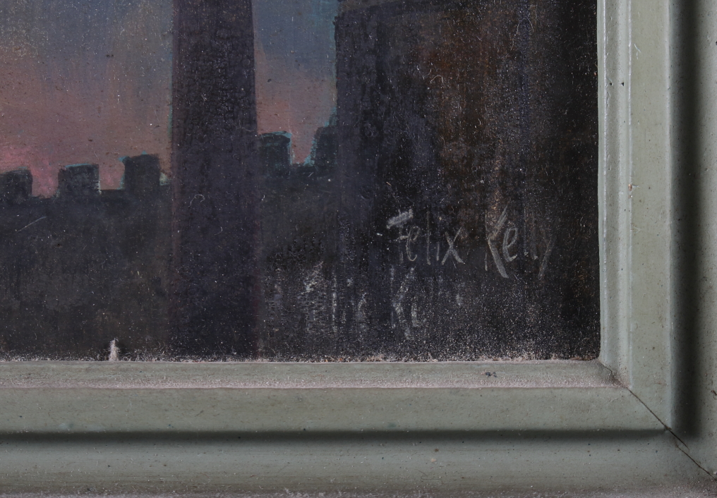 †Felix Kelly: oil on board, view of floodlit western facade of Westminster Abbey, 11 1/2" x 13", - Image 2 of 3