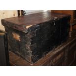 A painted pine blanket box with wrought iron carry handles, 29" wide
