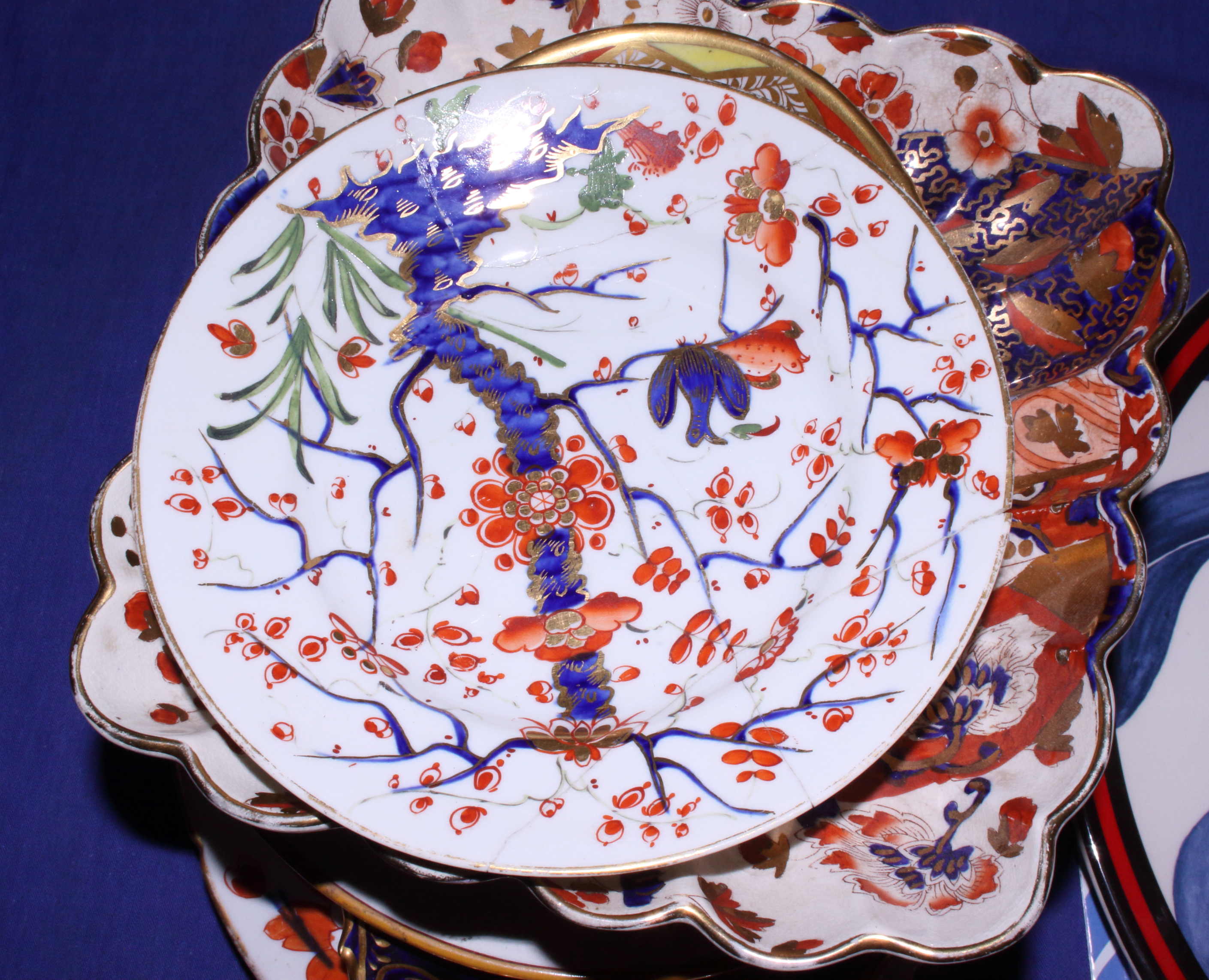 A 19th century Derby "Tree" pattern oval meat plate and side plate, a Wedgwood plate decorated - Image 2 of 7