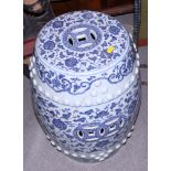 A late 19th / early 20th century Chinese Ming design porcelain barrel garden seat, decorated with