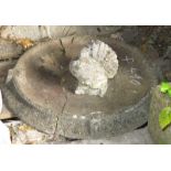 A cast stone bird bath, four spherical finials, a cast stone pedestal with attendant figures, 24"