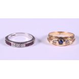An 18ct white gold, diamond and ruby half eternity ring, size Q, and an 18ct gold, diamond and