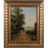 M P: a late 19th century oil on panel, shepherd with sheep by a gate, monogrammed, 11" x 8", in gilt