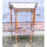 A Louis XVI design mahogany and gilt metal marble shape top two-tier occasional table, 23" wide