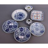 A Chinese porcelain blue and white saucer dish decorated with flying dragon among flaming pearls,