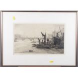 H P Evans: a signed etching "London Bridges", in gilt strip frame, and Arthur Riscoe: a signed