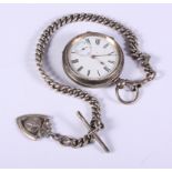 A silver cased open faced pocket watch with white enamel dial and subsidiary seconds dial, on silver