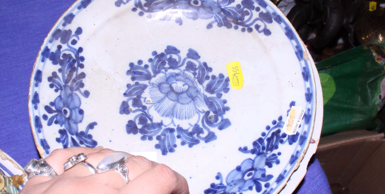 Five early Delft pottery plates, each of a different design, (all with chips to rim), 8 3/4" dia, - Image 3 of 10