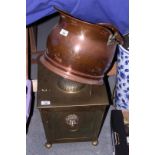 An Edwardian brass coal vase and cover with lion mask ring handles, 15" high, a copper coal