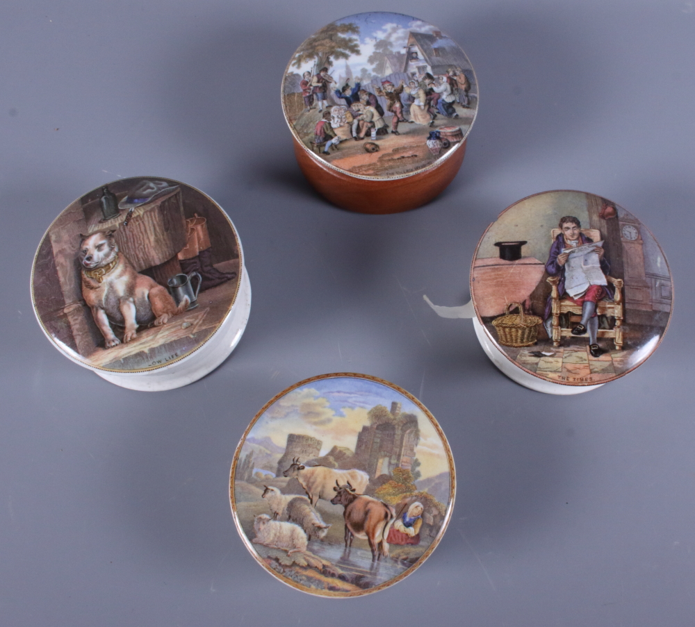 Four 19th century Prattware pot lids including The Times, Low Life, The Village Wedding, Teniers