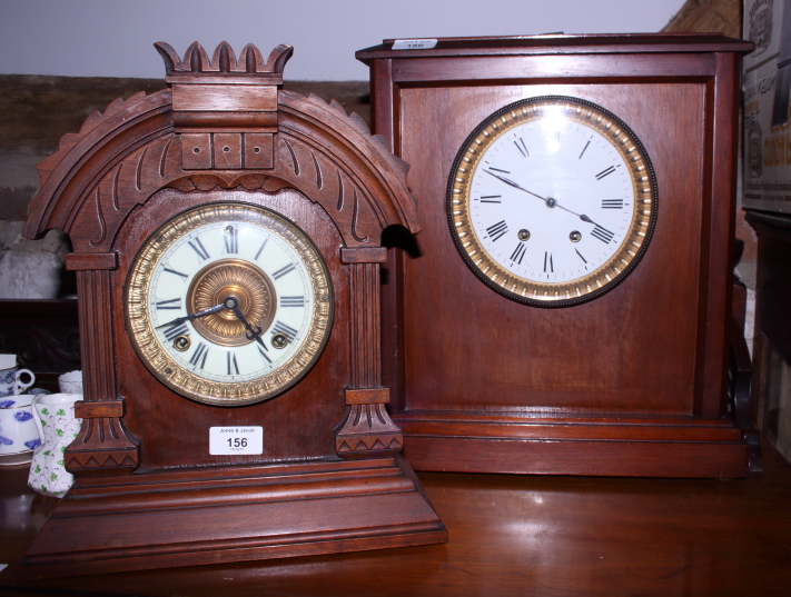 A late 19th century American Ansonia of New York mahogany cased mantel clock with twin winding holes