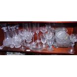 A pair of cut glass decanters and stoppers, two cut glass spirit decanters and other glassware,