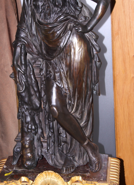 A late 19th century bronze and ormolu mounted mantel clock with classical figure surmount, woman - Image 3 of 5