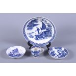 Four pieces of early 19th century blue and white English porcelain including a saucer dish and