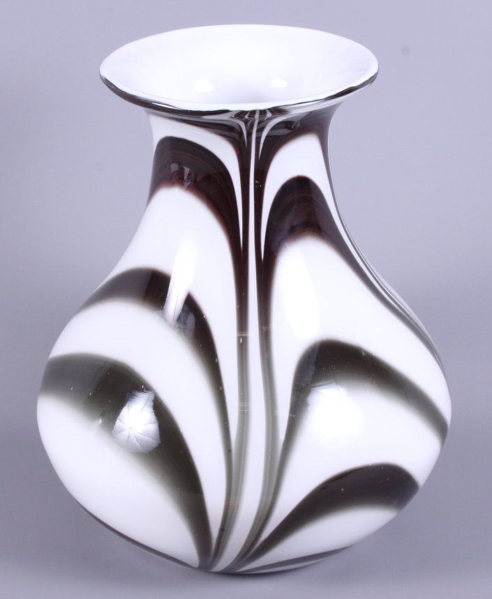 An Italian? mid 20th century black and white studio glass baluster vase, 12" high