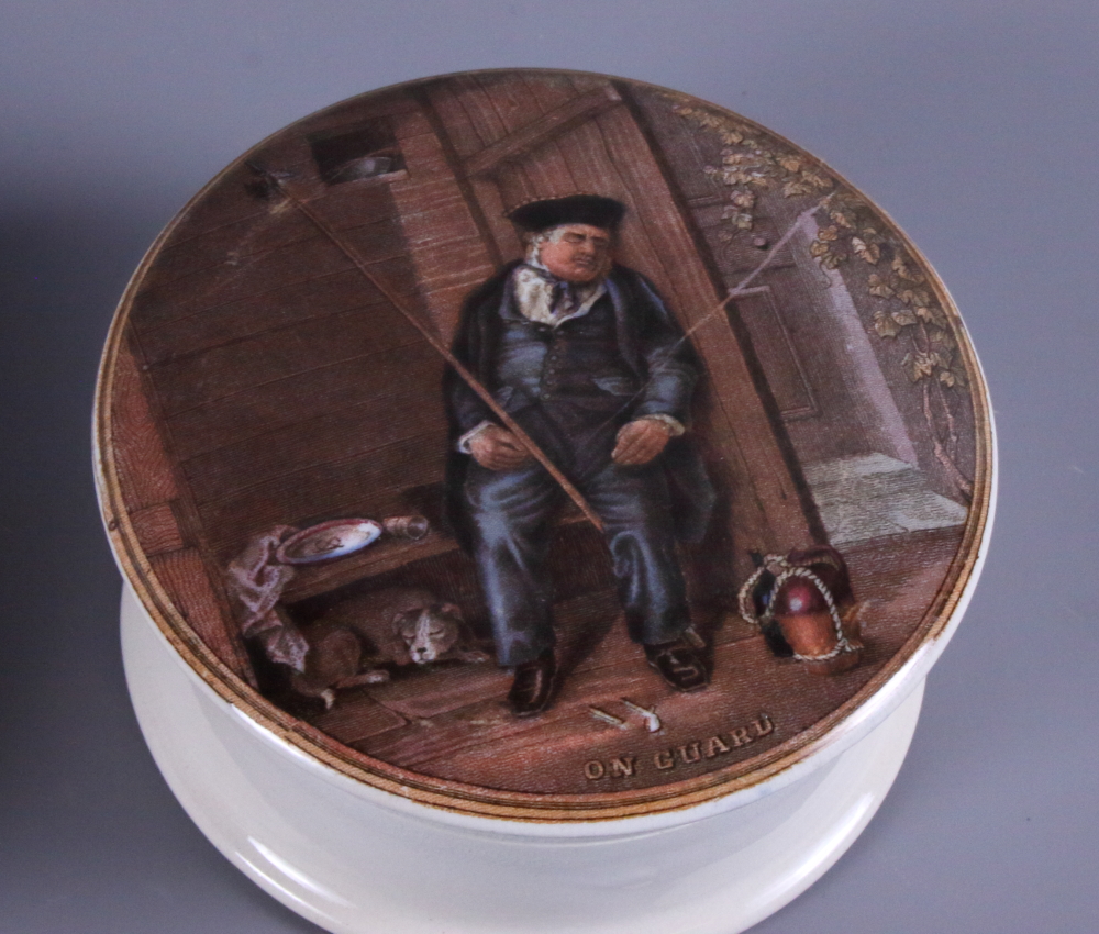 Five 19th century Prattware pot lids including The Wolf and the Lamb, On Guard and three others - Image 5 of 6