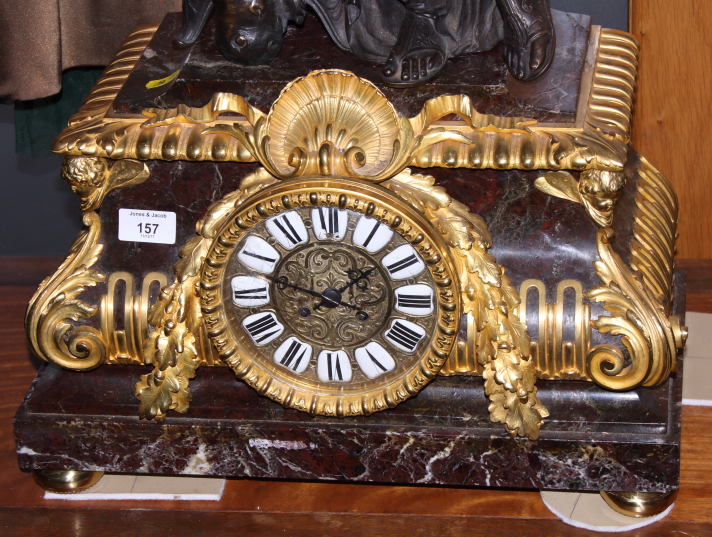 A late 19th century bronze and ormolu mounted mantel clock with classical figure surmount, woman - Image 4 of 5