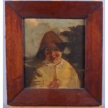 A 19th century oil on oak panel, Commedia figure, 8 3/4" x 7 3/4", in mahogany frame