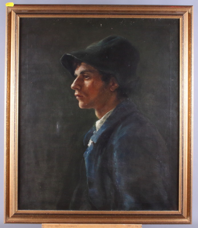 Early 20th century British School: oil on canvas, profile portrait of a young man wearing a hat,