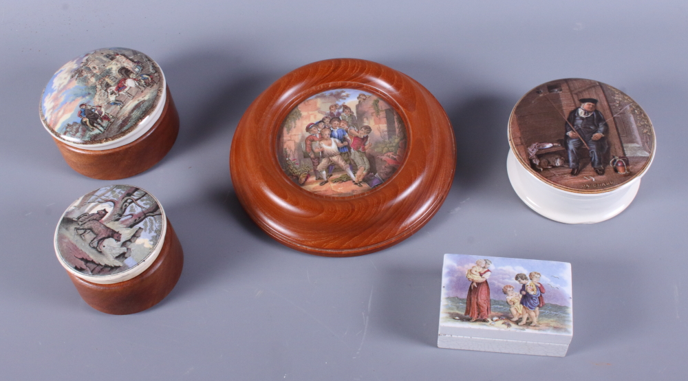 Five 19th century Prattware pot lids including The Wolf and the Lamb, On Guard and three others