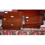 A 19th century mahogany box and ebony strung work box with part fitted interior, 11" wide, a smaller