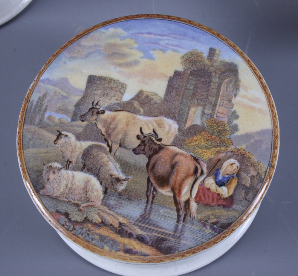 Four 19th century Prattware pot lids including The Times, Low Life, The Village Wedding, Teniers - Image 5 of 11