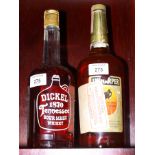 A bottle of I W Harper Kentucky Straight Bourbon Whiskey and a bottle of George Dickel Tennessee