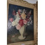 H Raeburn Dobson: oil on canvas faced board, still life of spring flowers, 19" x 15 1/2", in gilt