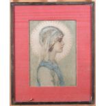 Helen H Marzetam?: watercolours on silk, study of a young woman with halo, 8" x 5 3/4" in anodised