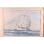 Stuart Austin?: a late 19th century watercolour, three-mast square rigger with steam boat behind