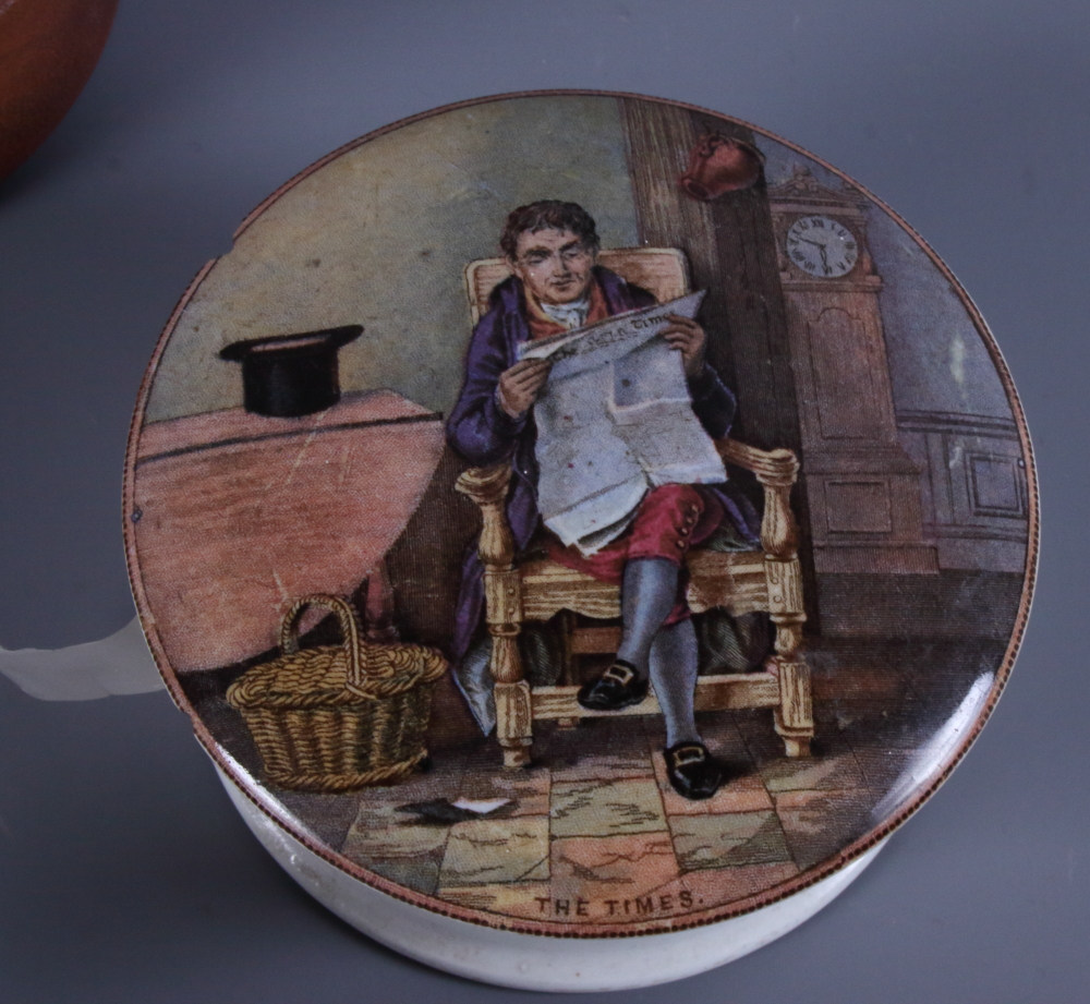 Four 19th century Prattware pot lids including The Times, Low Life, The Village Wedding, Teniers - Image 3 of 11