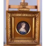 An early 19th century hand-coloured portrait of Princess Caroline, 4 1/4" dia, in deep gilt frame