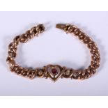 A 9ct gold bracelet with heart-shaped motif set diamonds and ruby, 16g