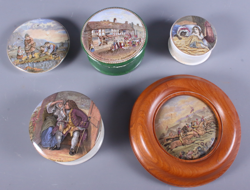 Five 19th century Prattware pot lids including Shakespeare's House, Stratford upon Avon, Little