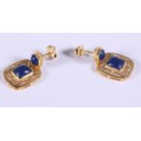 A pair of Egyptian yellow gold drop earrings set blue cabochon stones, 7.3g gross