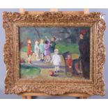 An early 20th century oil sketch on board, children in a park with nanny and child in chair, 12" x