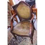 A mahogany carver dining chair of Adam design with shield-shaped back, upholstered in a green