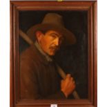HM: an early 20th century oil on canvas, farmer with scythe, 16 1/2" x 21 1/2", in oak strip frame