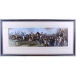 A hand-coloured print, 19th century horse racing scene, in wash line mount and strip frame