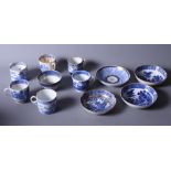 A group of early 19th century English blue and white coffee cans and saucers, various, including