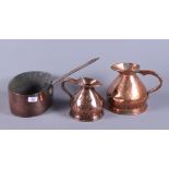 Two 19th century copper harvest jugs and a copper saucepan with iron handle