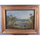 19th Century Primitive School: oil on board, landscape with figures, a river and distant boats,