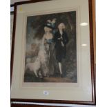 After Gainsborough coloured mezzotint, "The Morning Walk", in wash line mount and walnut frame, a