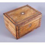 A mid 19th century mahogany Tunbridge ware sewing box with mother-of-pearl detail, hinged lid