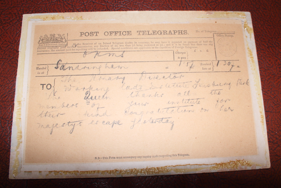 A carbon copy of a telegram from Queen Alexandra at Sandringham, dated December 1903