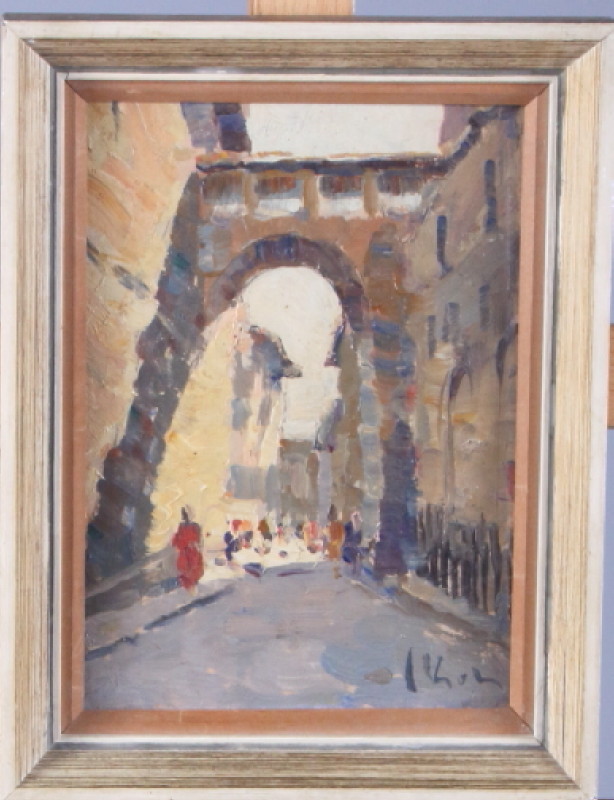 M Gori, 1955: oil on board, Florentine street scene, 4 3/4" x 6 1/2", in strip frame