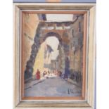 M Gori, 1955: oil on board, Florentine street scene, 4 3/4" x 6 1/2", in strip frame